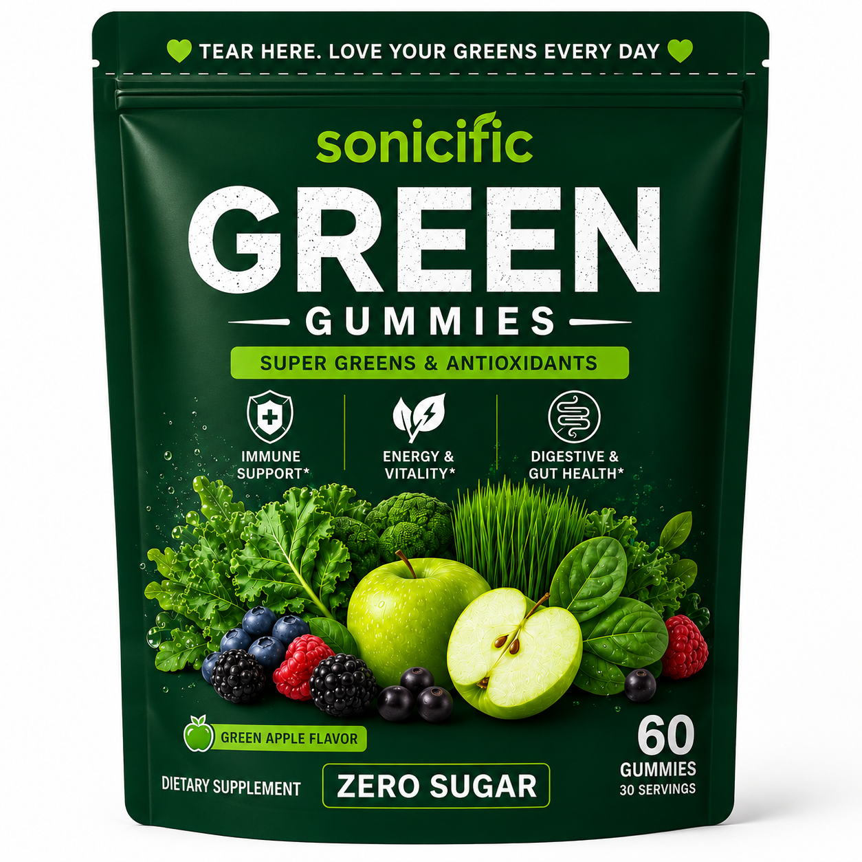 Super Green Gummies, Zero Sugar Green Apple Flavor, 60 Gummies