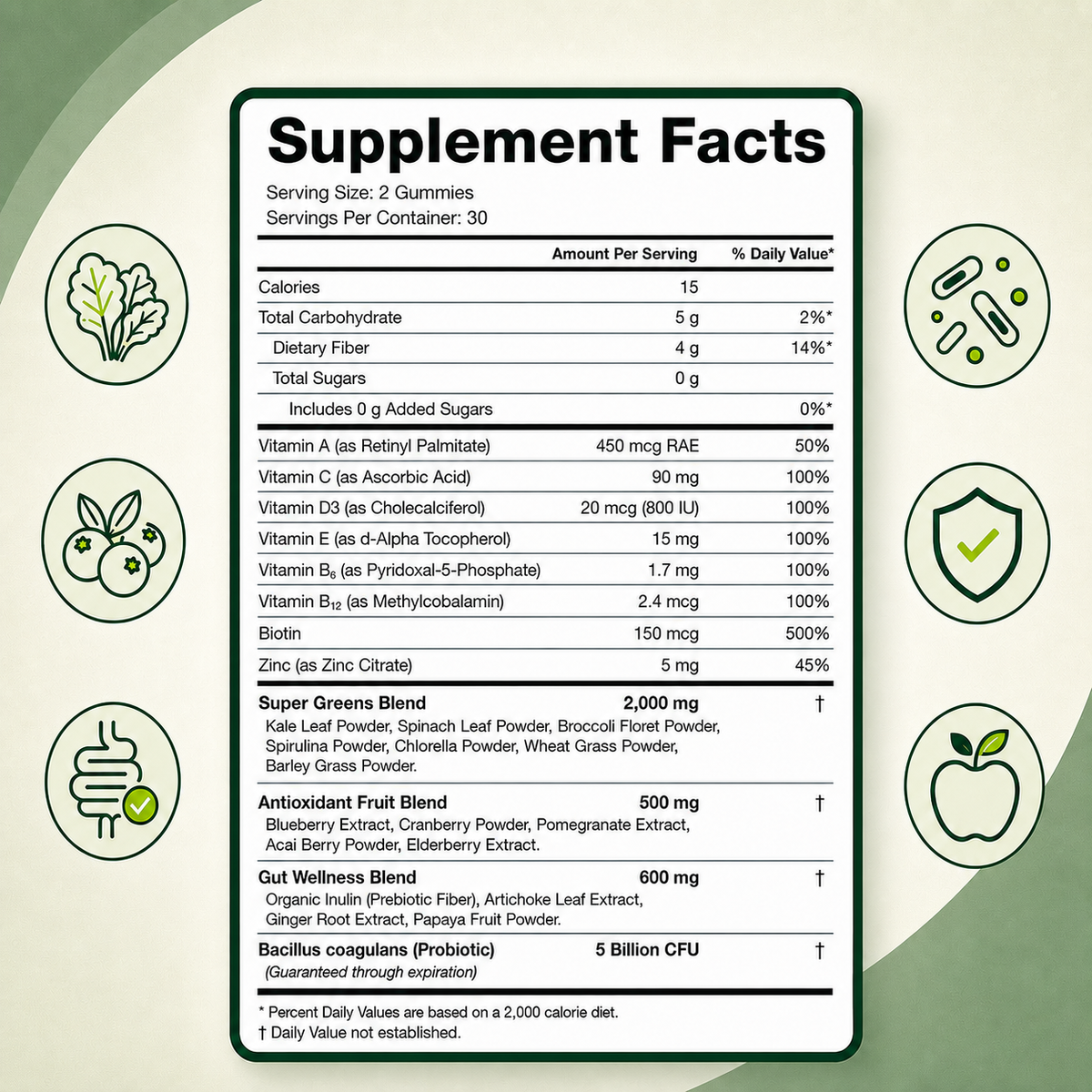 Super Green Gummies, Zero Sugar Green Apple Flavor, 60 Gummies