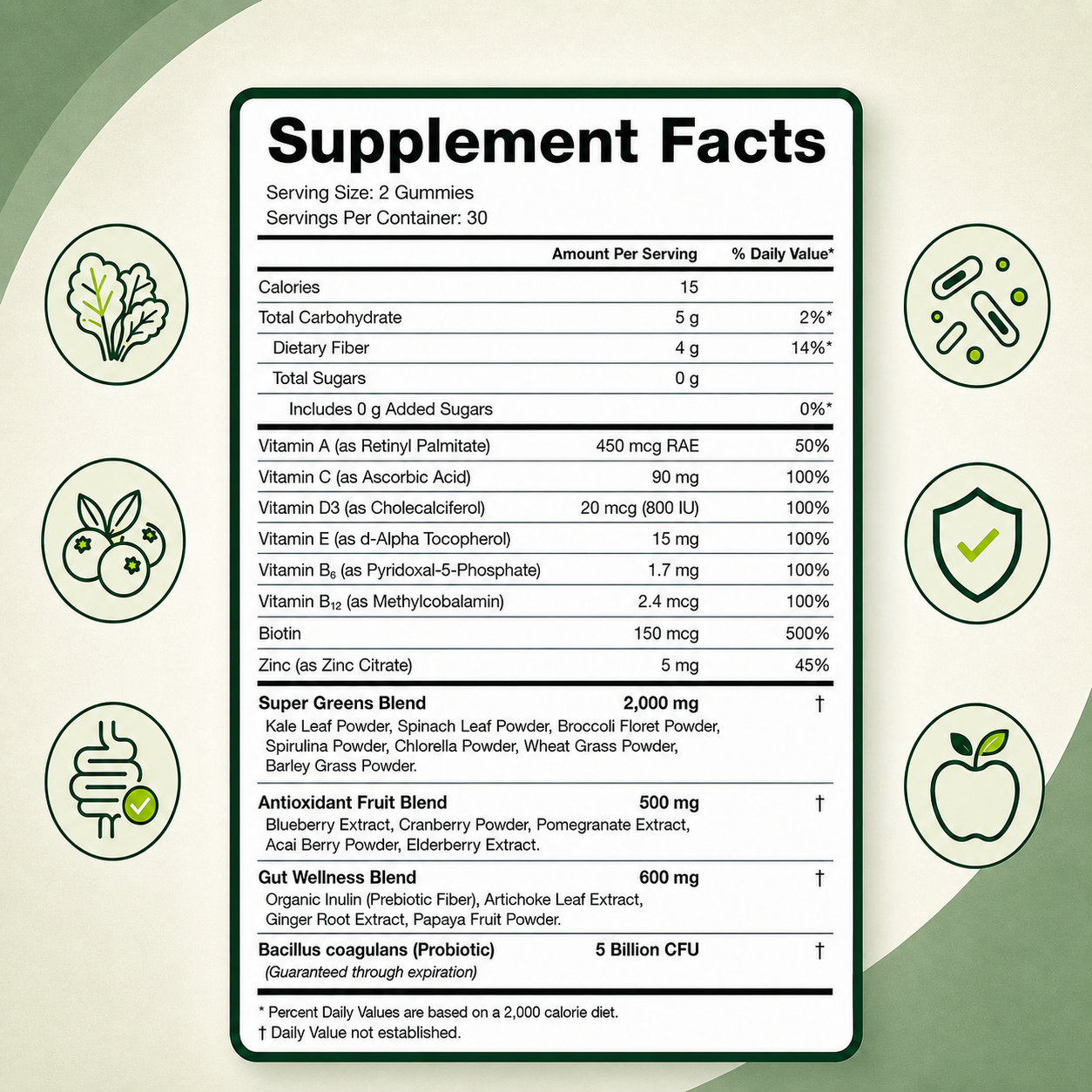 Sonicific Green Gummies – Zero Sugar Super Greens & Antioxidants, Green Apple Flavor, 60 Gummies
