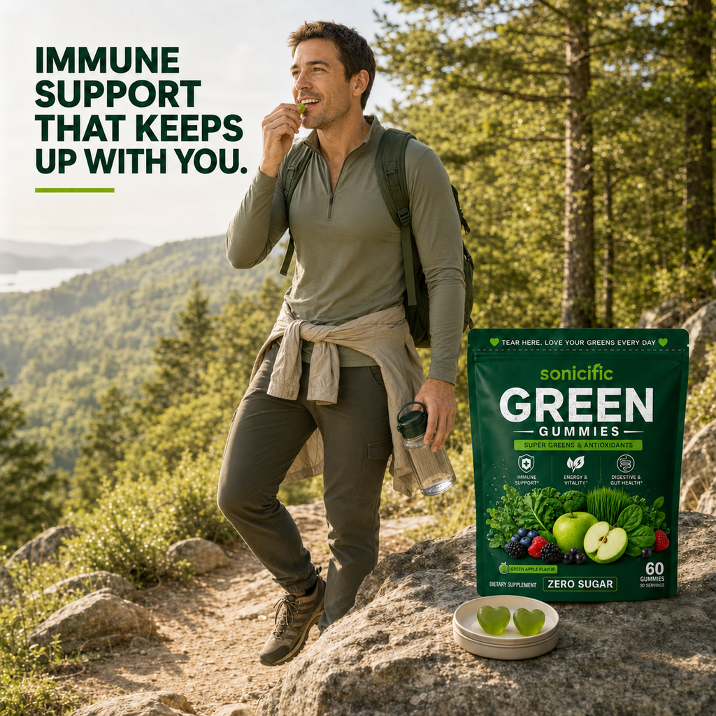 Sonicific Green Gummies – Zero Sugar Super Greens & Antioxidants, Green Apple Flavor, 60 Gummies
