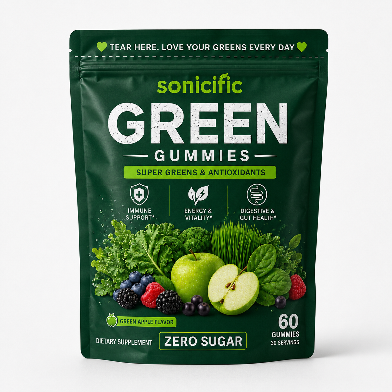 Sonicific Green Gummies – Zero Sugar Super Greens & Antioxidants, Green Apple Flavor, 60 Gummies