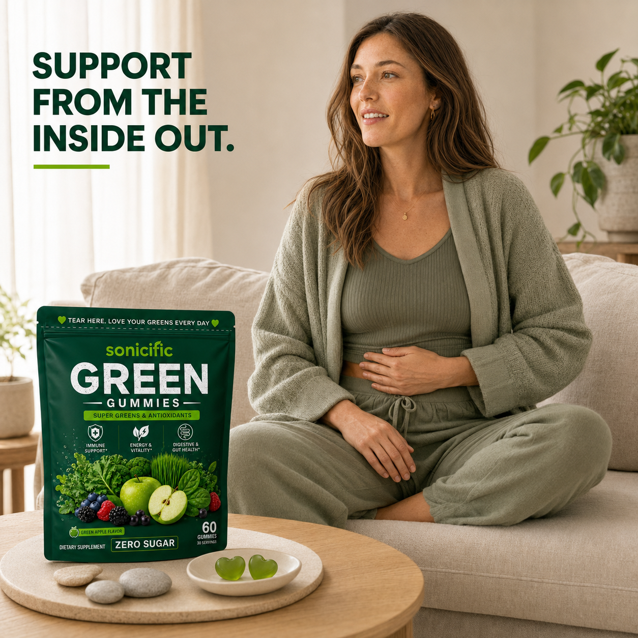 Sonicific Green Gummies – Zero Sugar Super Greens & Antioxidants, Green Apple Flavor, 60 Gummies