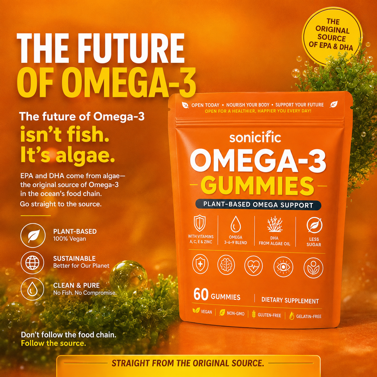 Omega-3 Gummies, Plant-Based Algae DHA & EPA, Vegan, 60 Gummies